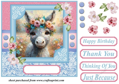Pink and blue painted donkey card front 3