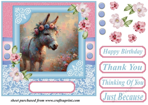 Pink and blue painted donkey card front 4