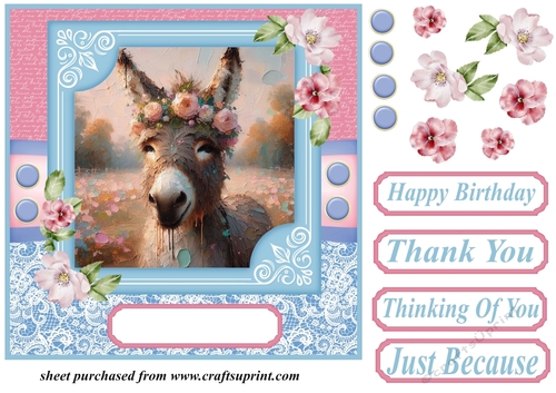 Pink and blue painted donkey card front 6