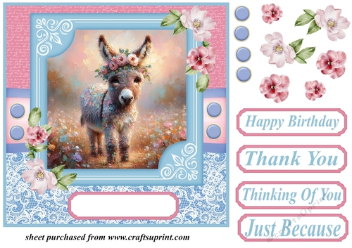 Pink and blue painted donkey card front 7