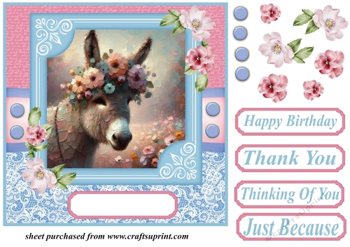 Pink and blue painted donkey card front 8