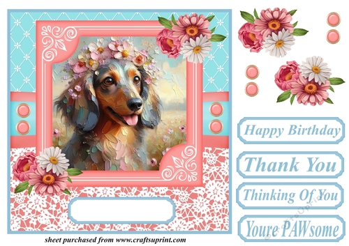 Pink and blue painted Dachshund card front 1