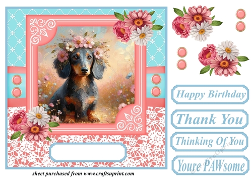 Pink and blue painted Dachshund card front 2