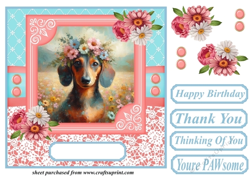 Pink and blue painted Dachshund card front 3