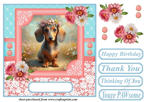 Pink and blue painted Dachshund card front 4