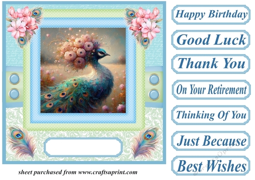 Blue and green painted peacock card front 1
