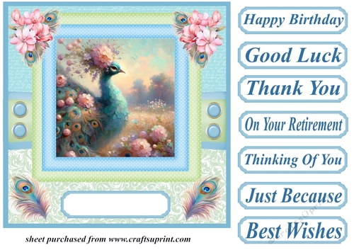 Blue and green painted peacock card front 2