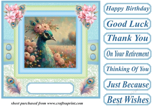 Blue and green painted peacock card front 3