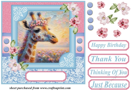 Pink and blue painted giraffe card front 2