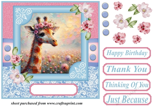 Pink and blue painted giraffe card front 3
