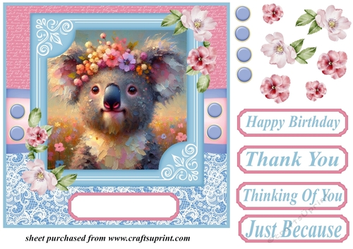 Pink and blue painted koala card front 1