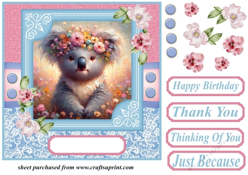 Pink and blue painted koala card front 2