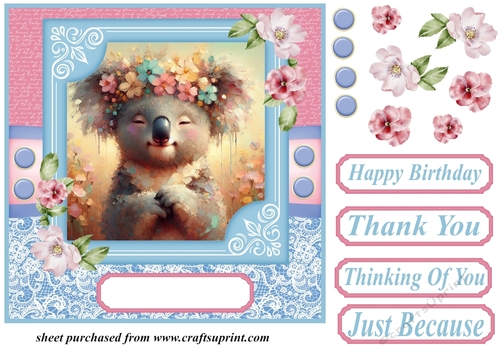 Pink and blue painted koala card front 4