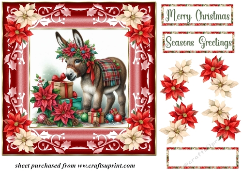 Poinsettia Christmas donkey card front 1