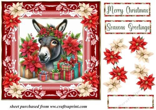 Poinsettia Christmas donkey card front 2