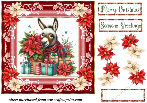 Poinsettia Christmas donkey card front 3