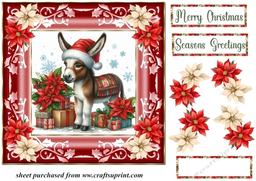 Poinsettia Christmas donkey card front 4