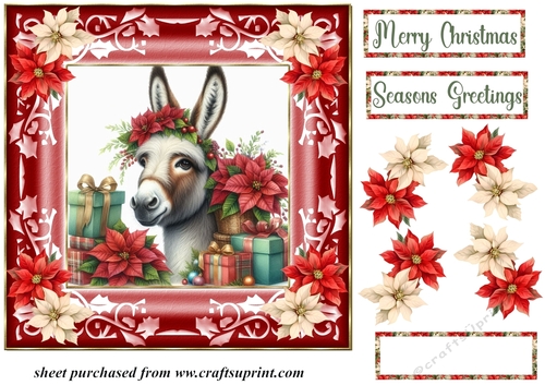 Poinsettia Christmas donkey card front 5