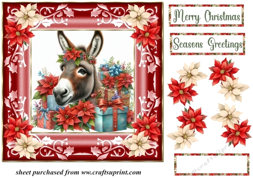Poinsettia Christmas donkey card front 6
