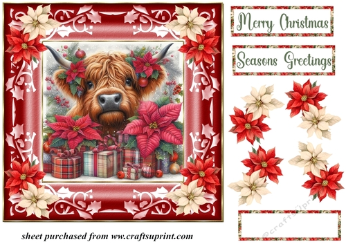 Poinsettia Christmas Highland cow card front 1