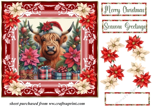 Poinsettia Christmas Highland cow card front 2