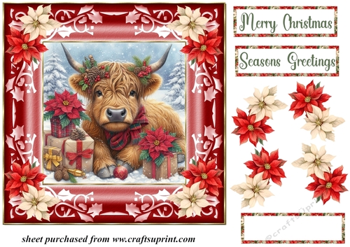 Poinsettia Christmas Highland cow card front 3