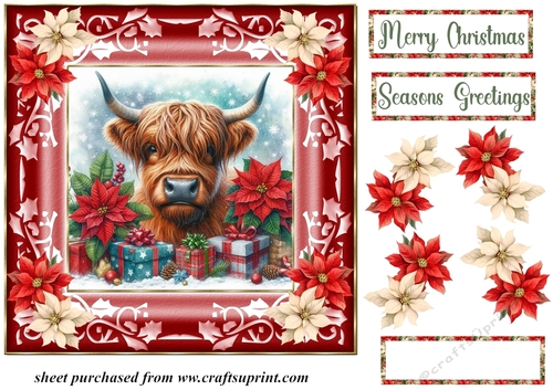 Poinsettia Christmas Highland cow card front 4
