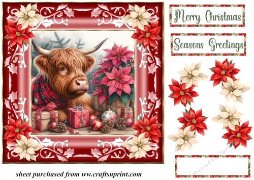 Poinsettia Christmas Highland cow card front 5