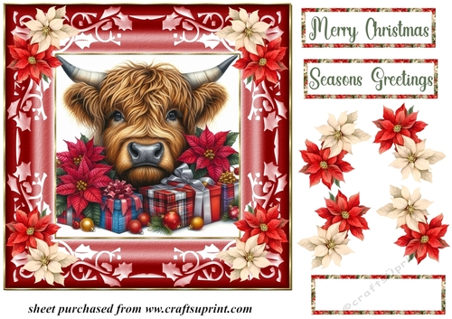 Poinsettia Christmas Highland cow card front 6