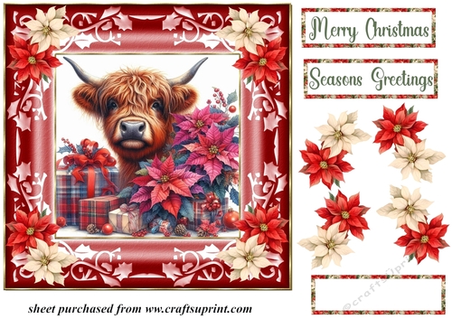 Poinsettia Christmas Highland cow card front 7