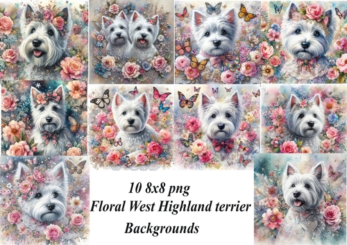 10 Floral West Highland terrier png backgrounds 8x8 Aprox