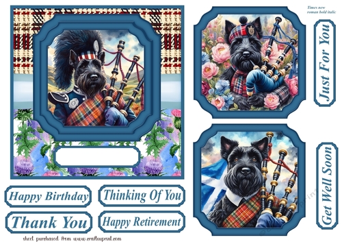 Black Scottish terrier with bagpipes card front 1