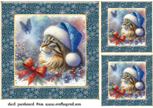 3 Christmas cat in blue hat card front/toppers 1