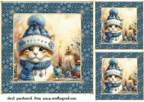 3 Christmas cat in blue hat card front/toppers 2