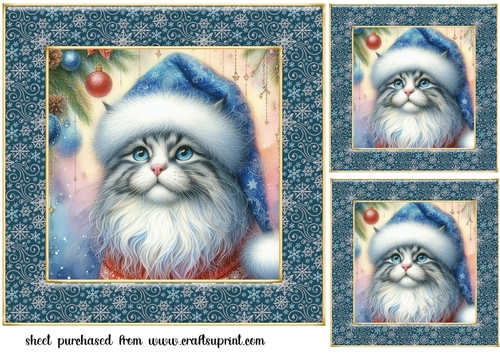 3 Christmas cat in blue hat card front/toppers 3