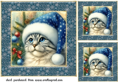 3 Christmas cat in blue hat card front/toppers 4