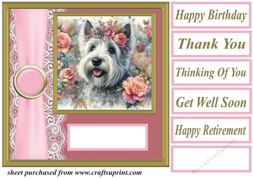 Pink floral Westie card front 1