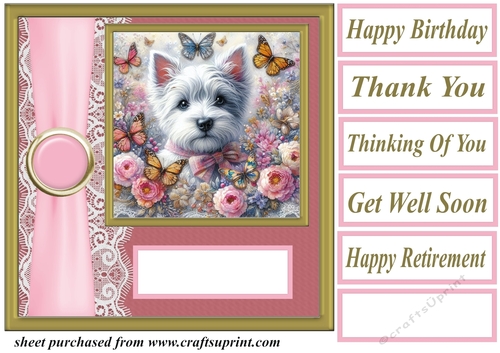 Pink floral Westie card front 3
