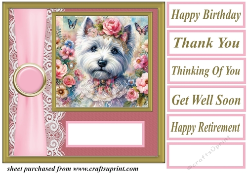 Pink floral Westie card front 4