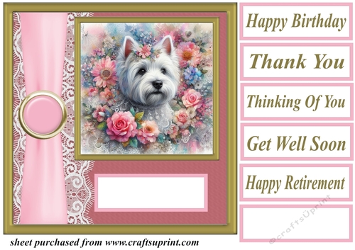 Pink floral Westie card front 6