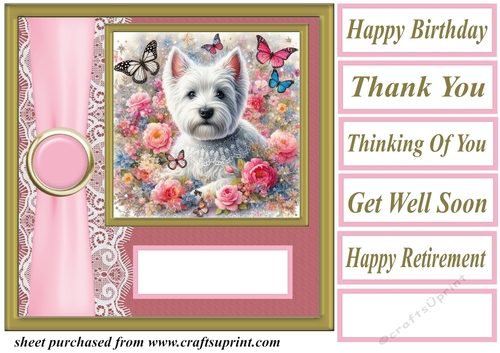 Pink floral Westie card front 8