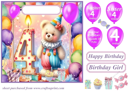 Age 4 Birthday clown bear card front