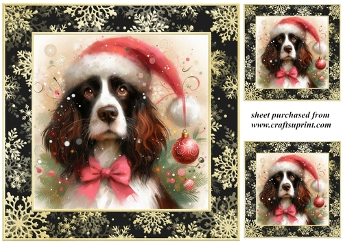 3 Whimsical Christmas liver and white Springer Spaniel card front/toppers 1