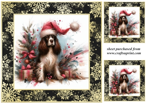 3 Whimsical Christmas liver and white Springer Spaniel card front/toppers 2