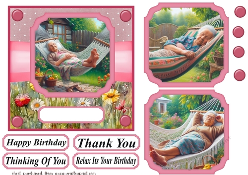 Pink garden Gran taking a nap card front