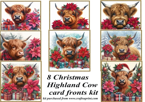 8 Christmas Highland cow card fronts kit