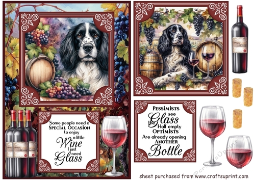 Black and white Springer Spaniel vineyard card front