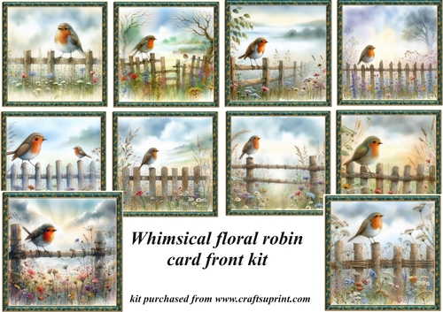 Whimsical floral robin card front kit