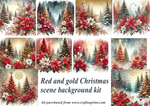 Red and gold Christmas forest scene backgrounds kit