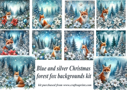Blue and silver Christmas forest fox backgrounds kit